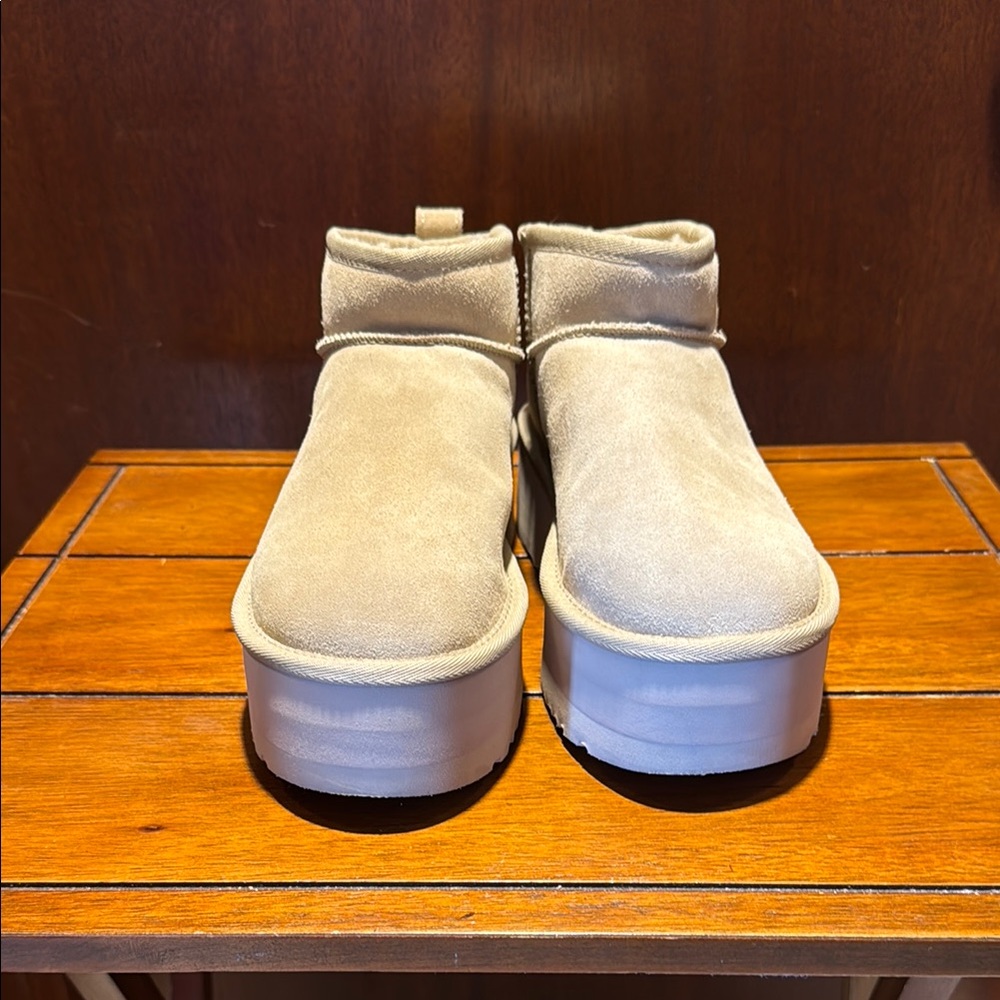 Beige Suede Platform Ankle Boots